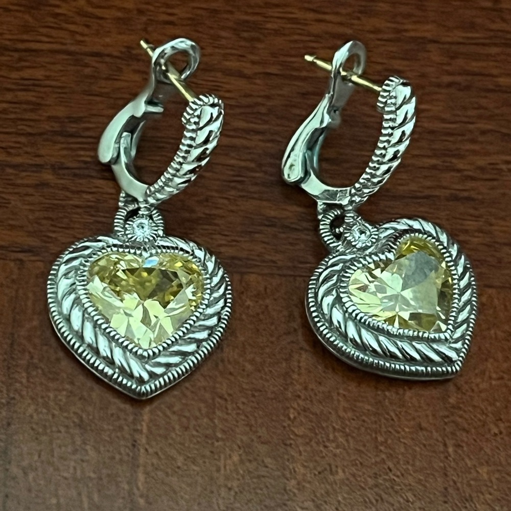 Judith Ripka Silver and Yellow Heart  Dangle Earrings